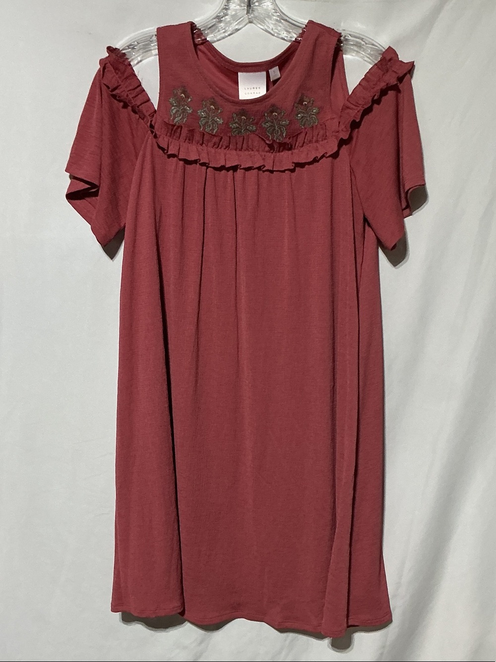 LC Lauren Conrad Cold Shoulder Lined Shift Dress Embroidered Yoke - Dusty Rose S